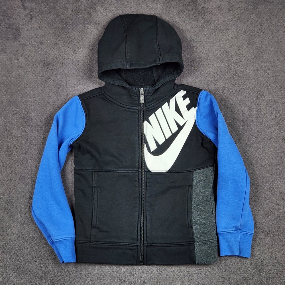 Nike Full Zip Hoodie Boys 4 XS Black Blue Gray Colorblock Graphic Swoosh
